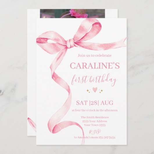 Soft Pastel Pink Bow 1st Birthday  招待状 (正面/裏面)