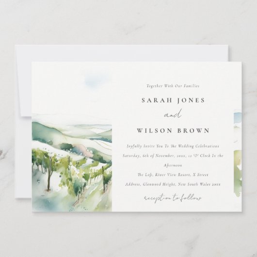 Soft Pastel Watercolor Vineyard Landscape Wedding 招待状 (正面)