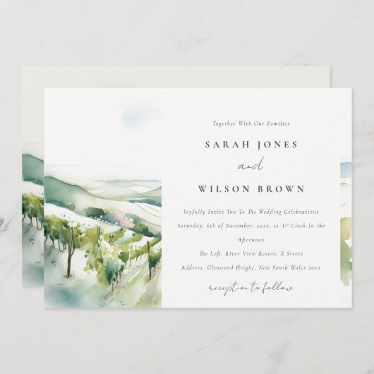 Soft Pastel Watercolor Vineyard Landscape Wedding 招待状 (正面/裏面)