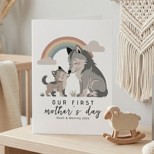 Soft Pastel Wolf Mom Pup First Mothers Day Rainbow カード