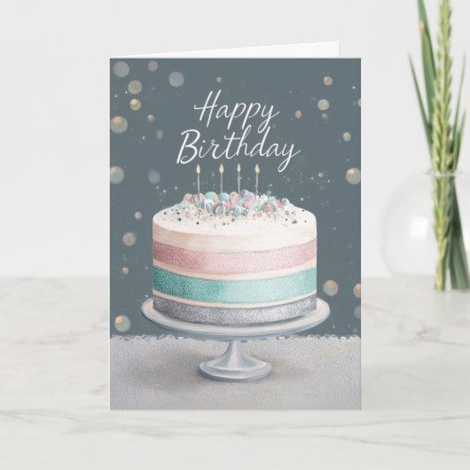 Soft Pastels Pink, Teal & Silver Birthday Cake カード (正面)