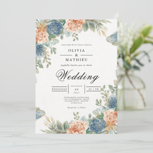 Soft Peach Blue Floral Arch Wedding 招待状 (スタンド正面)