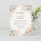 Soft Peach Blue Floral Border Wedding 招待状 (スタンド正面)