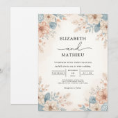 Soft Peach Blue Floral Border Wedding 招待状 (正面/裏面)