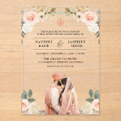 Soft Peach Floral Anand Karaj Indian Sikh Wedding アクリル招待状 (正面)