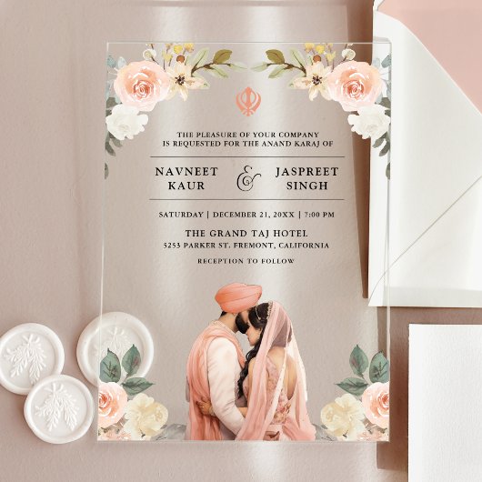 Soft Peach Floral Anand Karaj Indian Sikh Wedding アクリル招待状