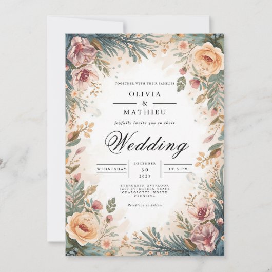 Soft Peach Floral Archway Wedding 招待状 (正面)