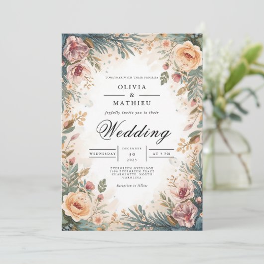 Soft Peach Floral Archway Wedding 招待状 (スタンド正面)