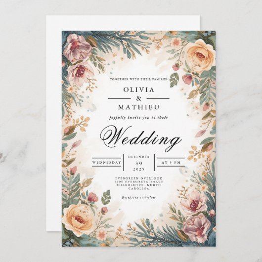 Soft Peach Floral Archway Wedding 招待状 (正面/裏面)