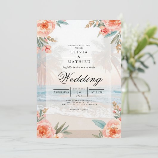 Soft Peach Floral Beach Wedding 招待状 (スタンド正面)