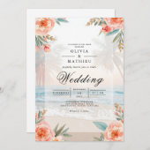 Soft Peach Floral Beach Wedding 招待状 (正面/裏面)