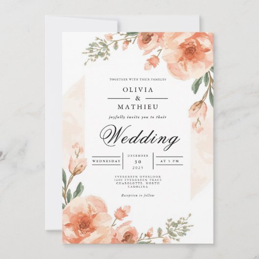 Soft Peach Floral Romance Wedding 招待状 (正面)