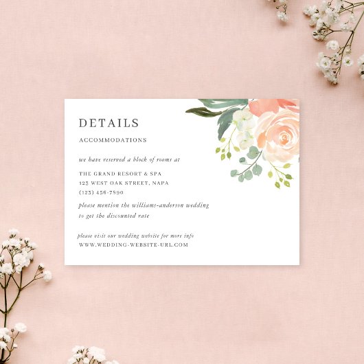 Soft Peach Floral Watercolor Wedding Details Info エンクロージャーカード