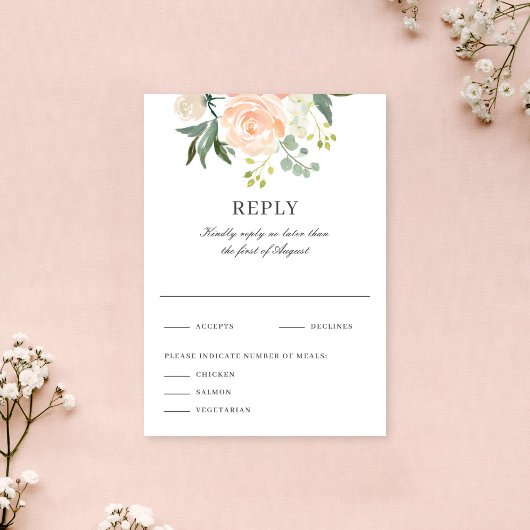 Soft  Peach Floral Watercolor Wedding Reply 出欠カード