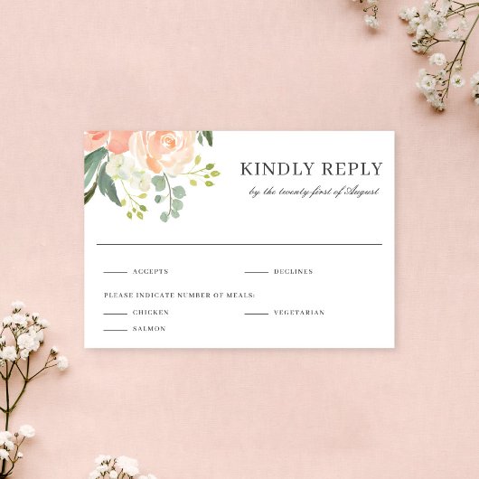 Soft  Peach Floral Watercolor Wedding Reply 出欠カード