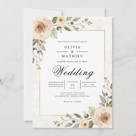 Soft Peach Foliage Accent Wedding 招待状 (正面)