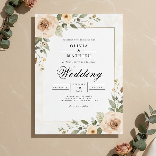 Soft Peach Foliage Accent Wedding 招待状
