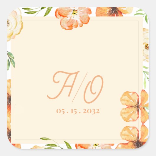 Soft Peach Garden Floral Monogram Wedding スクエアシール (正面)