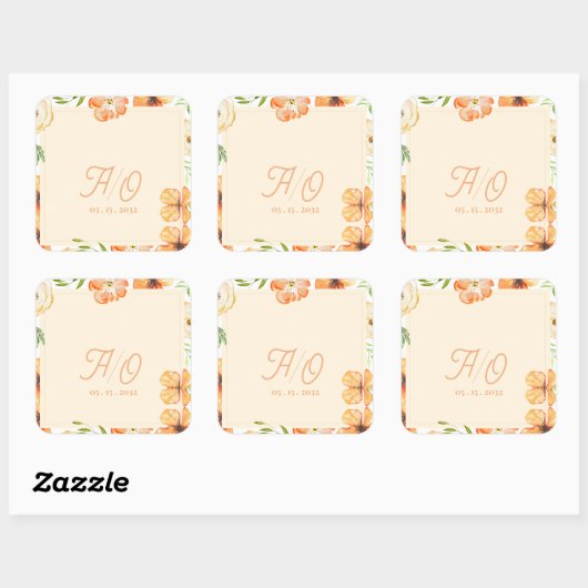 Soft Peach Garden Floral Monogram Wedding スクエアシール (シート)
