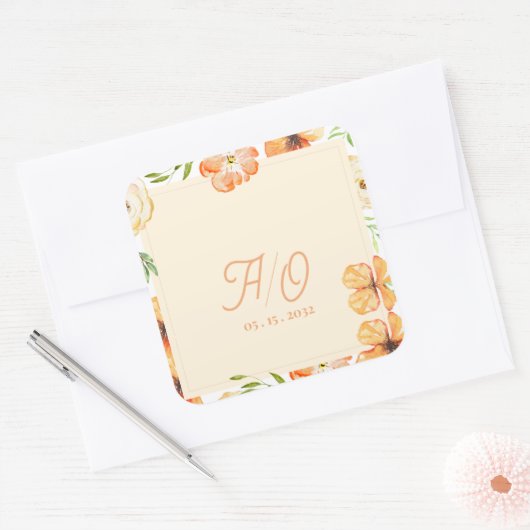 Soft Peach Garden Floral Monogram Wedding スクエアシール (封筒)