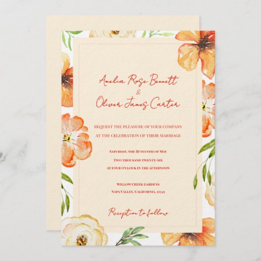Soft Peach Garden Meadow Floral Wedding Invitation 招待状 (正面/裏面)