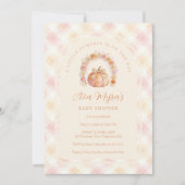 Soft Peach Gingham Pumpkin Baby Shower TMF26 招待状 (正面)
