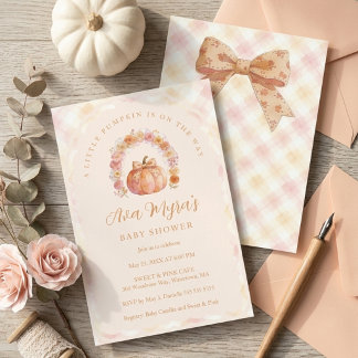 Soft Peach Gingham Pumpkin Baby Shower TMF26 招待状