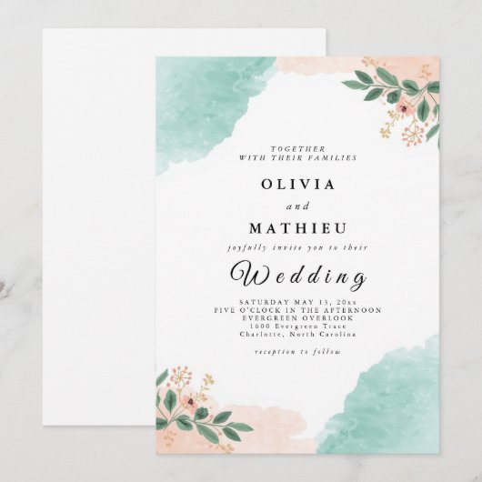Soft Peach Mint Botanical Wedding 招待状 (正面/裏面)
