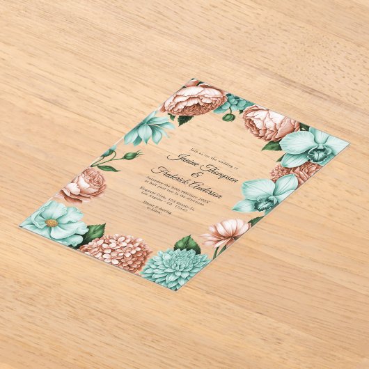 Soft Peach & Mint Modern Botanical Wedding アクリル招待状 (レイダウン)