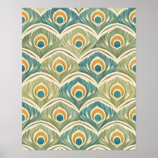 Soft Peacock Feather Artwork in Sage & Gold ポスター (正面)