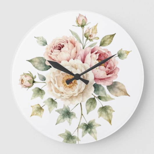Soft Peony Bouquet Watercolor Elegance ラージ壁時計 (正面)