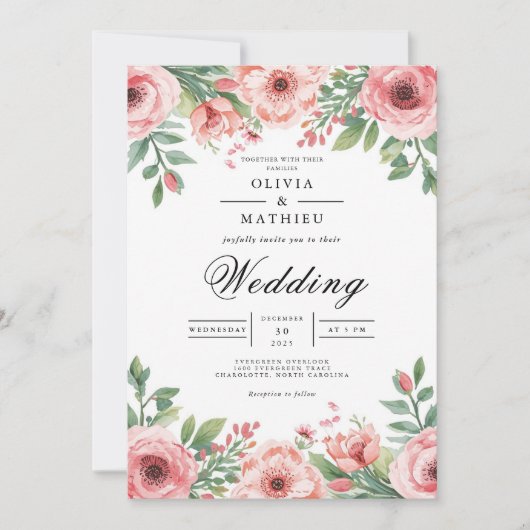 Soft Pink Bloom Floral Arch Wedding 招待状 (正面)