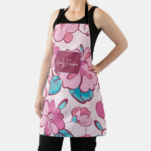 Soft Pink Bloom Floral Pattern Custom Name エプロン (インサイチュ)