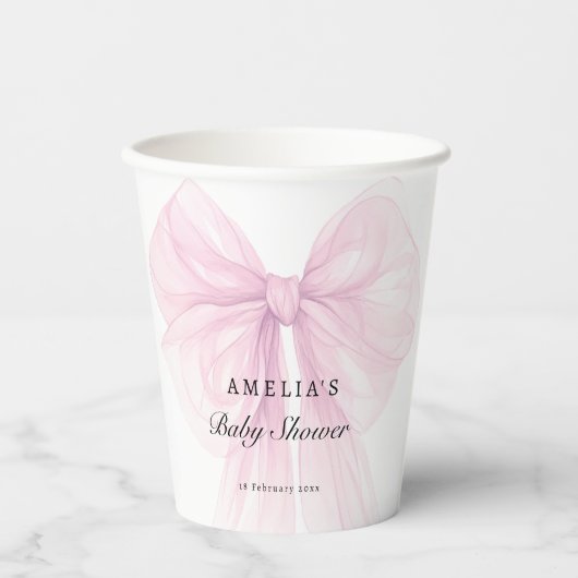 Soft Pink Blush Bow Baby Girl Shower 紙コップ (正面)