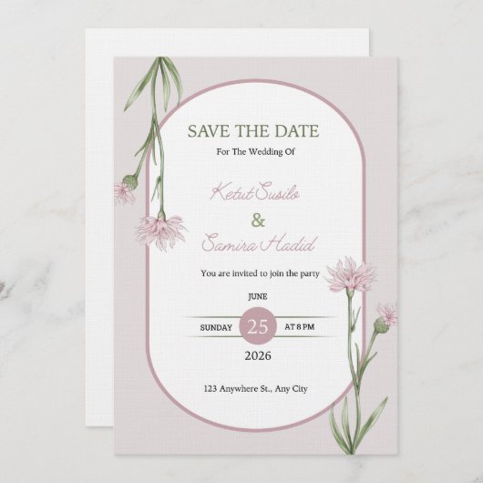 Soft Pink Botanical Wedding Invitation 招待状 (正面/裏面)