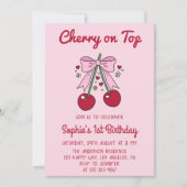 Soft Pink Bow Cherry on Top 1st Birthday 招待状 (正面)