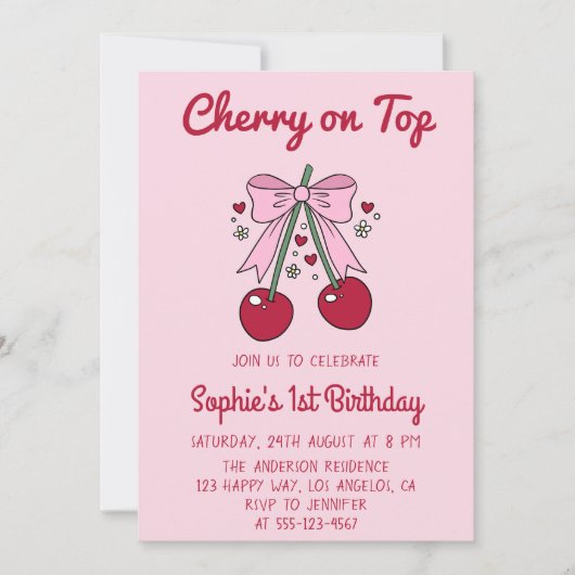 Soft Pink Bow Cherry on Top 1st Birthday 招待状 (正面)