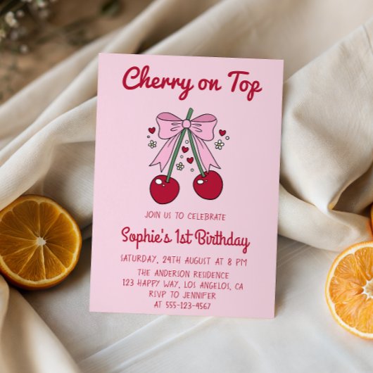 Soft Pink Bow Cherry on Top 1st Birthday 招待状