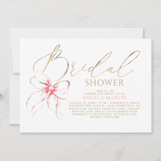 Soft Pink Bow Elegant Romantic Bridal Shower 招待状 (正面)