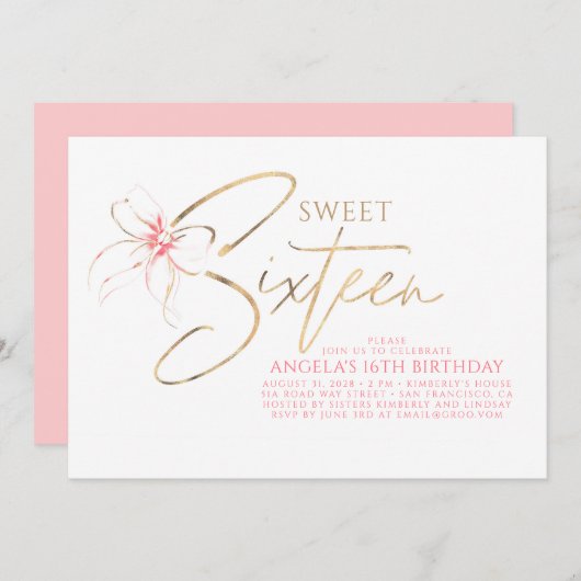 Soft Pink Bow Elegant Romantic Sweet 16th Birthday 招待状 (正面/裏面)