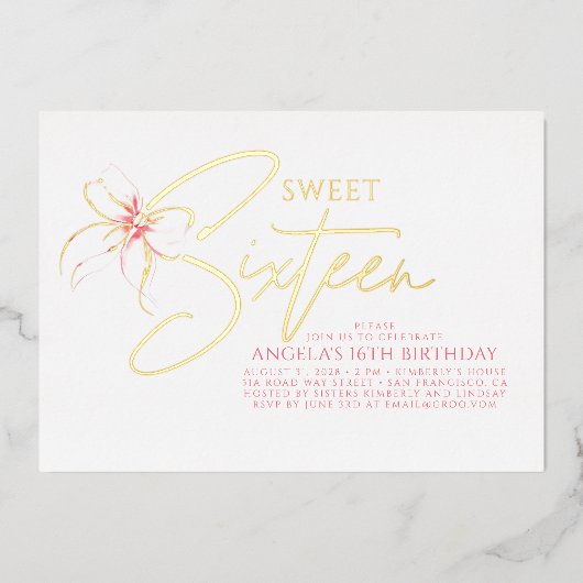 Soft Pink Bow Elegant Romantic Sweet 16th Birthday 箔招待状 (正面)