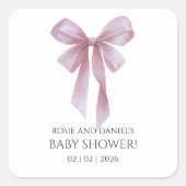 Soft Pink Bow Girl Baby Shower スクエアシール (正面)