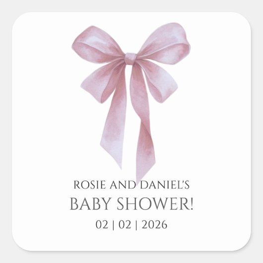 Soft Pink Bow Girl Baby Shower スクエアシール (正面)