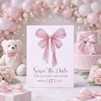 Soft Pink Bow Girl Baby Shower セーブザデート