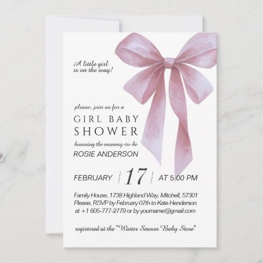 Soft Pink Bow Girl Baby Shower 招待状 (正面)