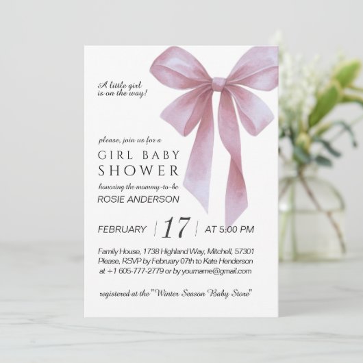 Soft Pink Bow Girl Baby Shower 招待状 (スタンド正面)