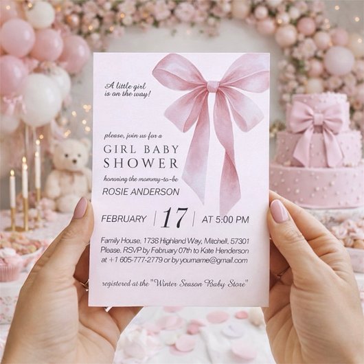 Soft Pink Bow Girl Baby Shower 招待状