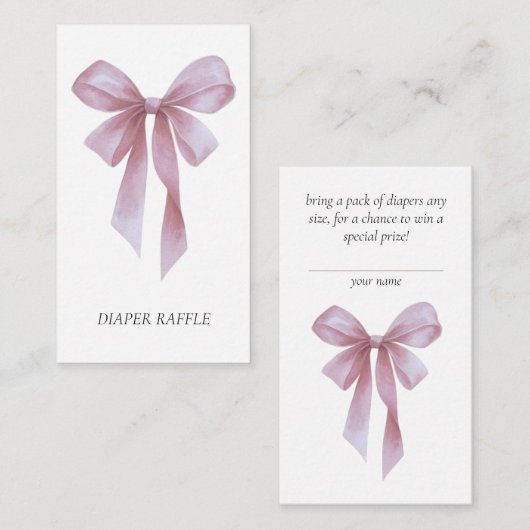 Soft Pink Bow Girl Baby Shower Diaper Raffle エンクロージャーカード (正面/裏面)