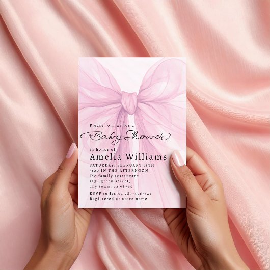 Soft Pink Bow Script Baby Shower Invite 招待状
