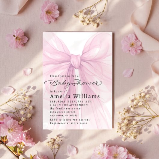 Soft Pink Bow Script Baby Shower Invite 招待状